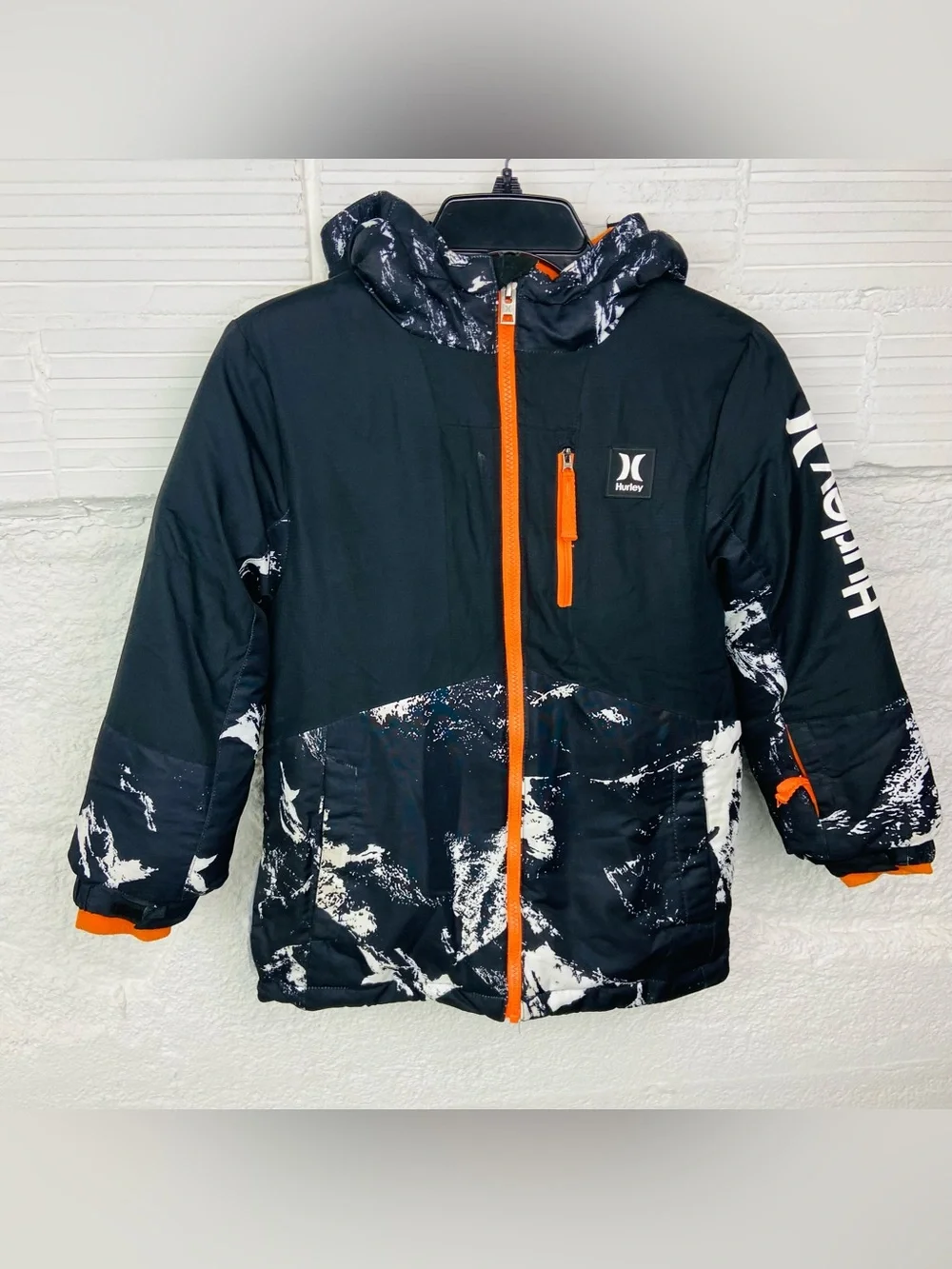 Hurley Kids Black White Print Hooded Jacket with Orange Accents